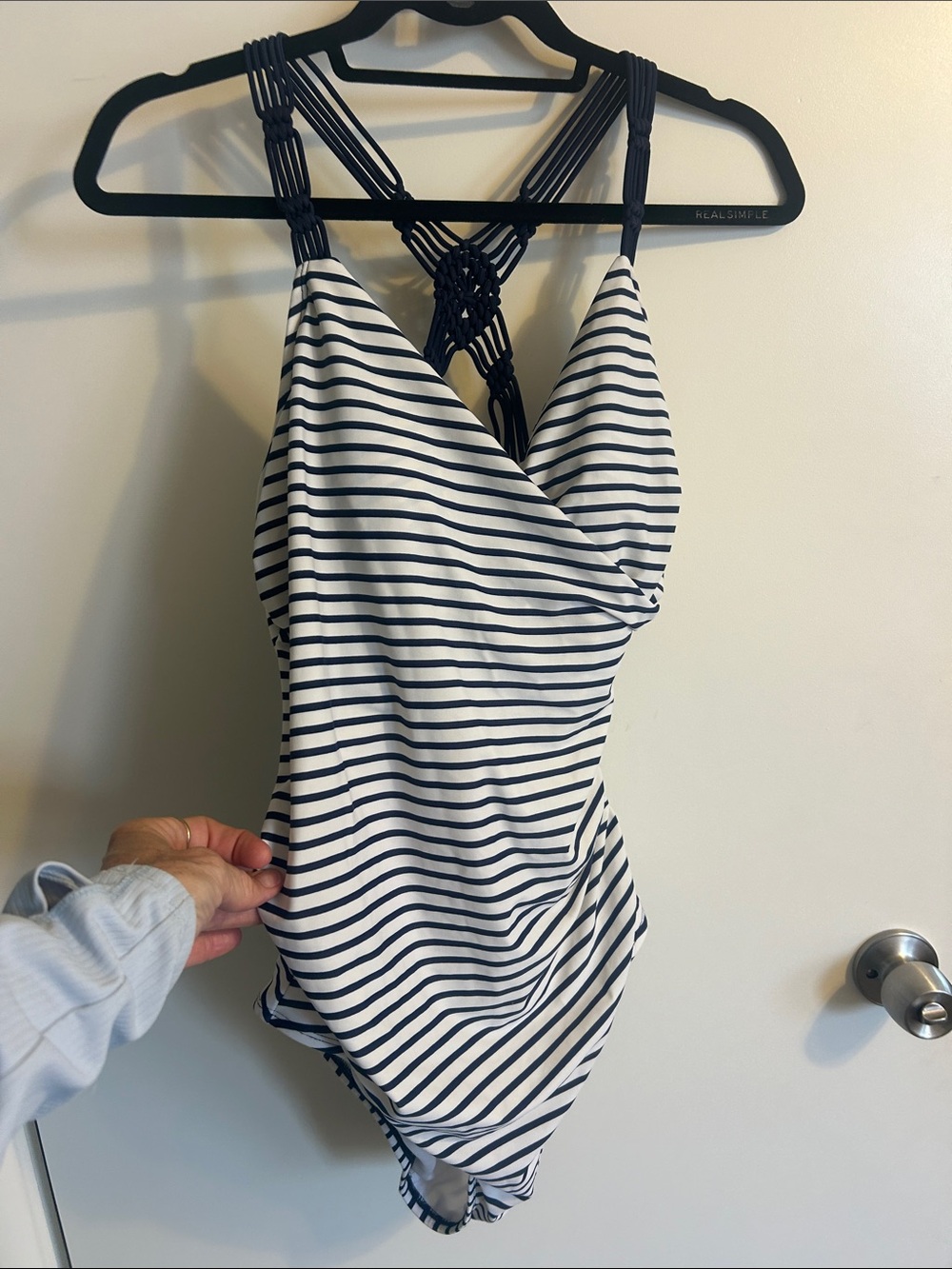 Kona Sol Navy and White Striped One-Piece with Macramé Back Detail